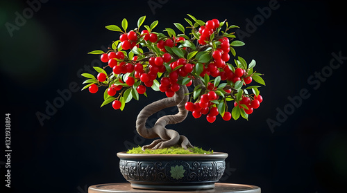 Miniature Marvel: A Bonsai Cherry Tree with Lush Green Leaves photo