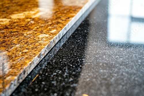 Close-up of granite and marble countertops with reflective surfaces