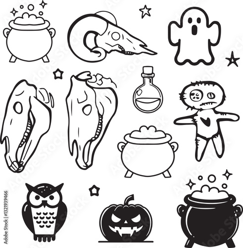 Outline animal horse skull line art set design element icon witch cauldron magic potion voodoo doll simple contour owl bird simple hand drawn graphic black and white monochrome drawing scary theme