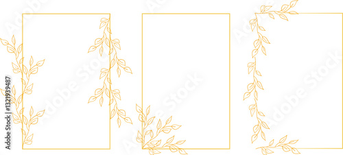 Floral geometric frame with leafy twigs elements, depicted in hand-drawn sketch, doodle style. Golden rectangular frame suitable for weddings or greeting cards.