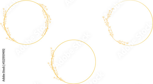 Floral round frame with leafy twigs elements, depicted in hand drawn sketch, doodle style. Golden round frame suitable for weddings or greeting cards.