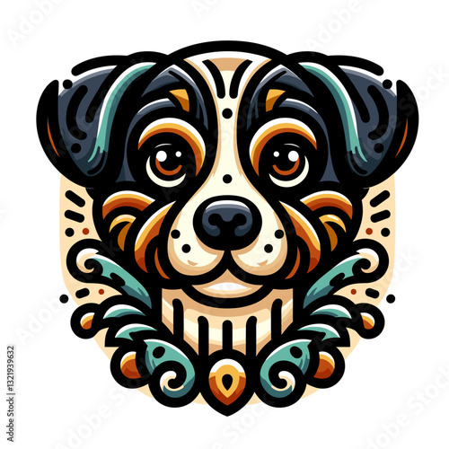 Stylized portrait of bernese mountain dog with ornamental details. Vector illustration ideal for pet shop branding, dog lover gifts, or animal rescue campaign materials.