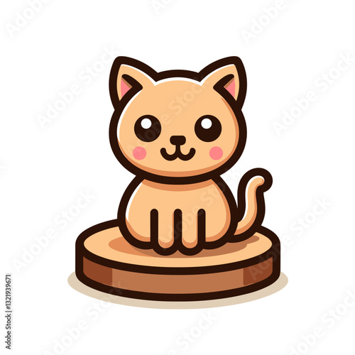 Simple cartoon orange cat sitting on wooden platform. Vector illustration perfect for pet shop branding, animal shelter materials, or children's educational content.