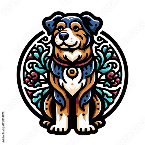 Stylized portrait of bernese mountain dog with ornamental background in circular frame. Vector illustration ideal for pet shop branding, dog lover gifts, or animal rescue campaign materials.