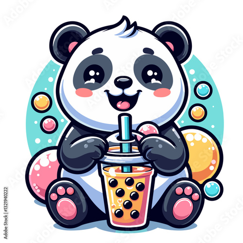 Cartoon panda bear drinking bubble tea with colorful background elements. Vector illustration ideal for beverage shop branding, cute cafe marketing, or Asian food promotional materials.