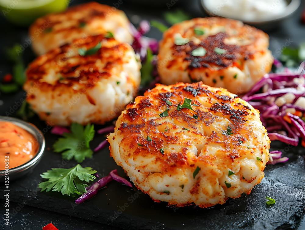 A golden crab cake with remoulade sauce and fresh slaw. A golden crab cake with remoulade sauce and fresh slaw.