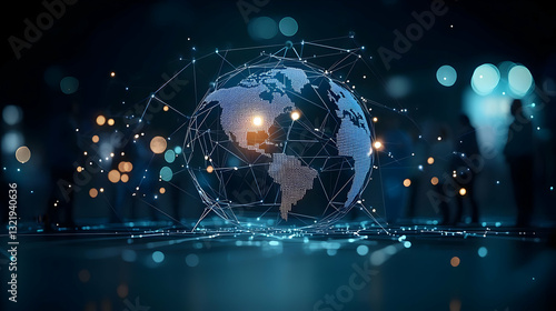 Blue Digital Global Network With Business People Silhouette Background In Technology Innovation Concept