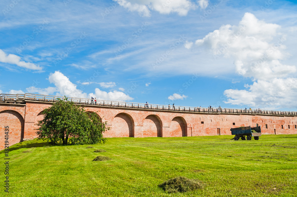 Fototapeta premium Veliky Novgorod Kremlin wall in sunny summer day in Russia