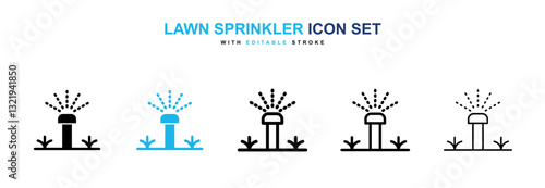 Lawn sprinkler icons set in black and blue colors