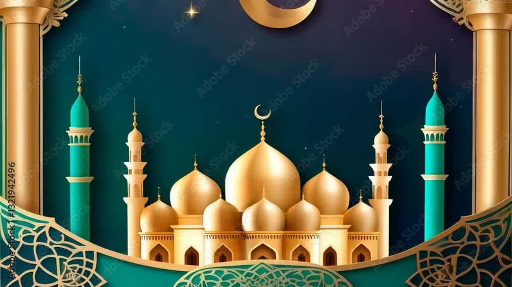 Elegant crescent moon over golden mosque domes with ornate islamic patterns