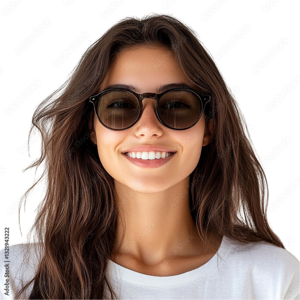 Obraz premium Happy woman smiling brightly wearing sunglasses