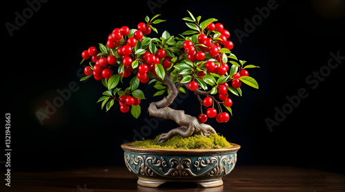 Miniature Marvel: A Bonsai Cherry Tree with Lush Green Leaves photo