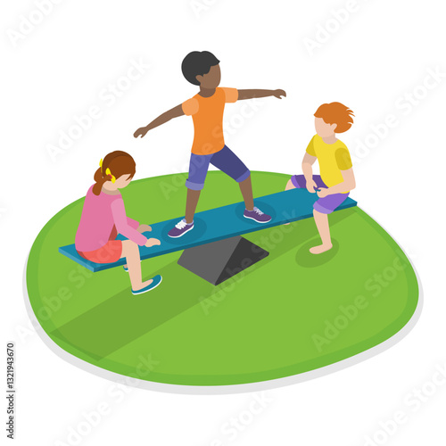 3D Isometric Flat Vector Illustration of Children Playing Outside, Active Healthy Childhood. Item 1