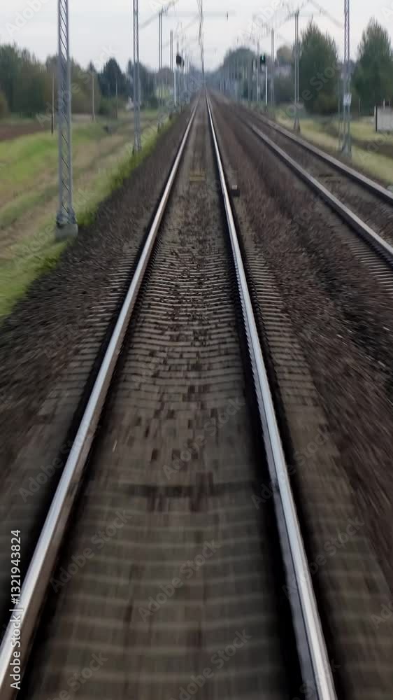 Vertical Video. A close-up of the tracks, filmed while the train is moving, creates a dynamic sense of speed and travel. The concept of travel and journeys Vertical Video. A close-up of the tracks, filmed while the train is moving, creates a dynamic sense of speed and travel. The concept of travel and journeys