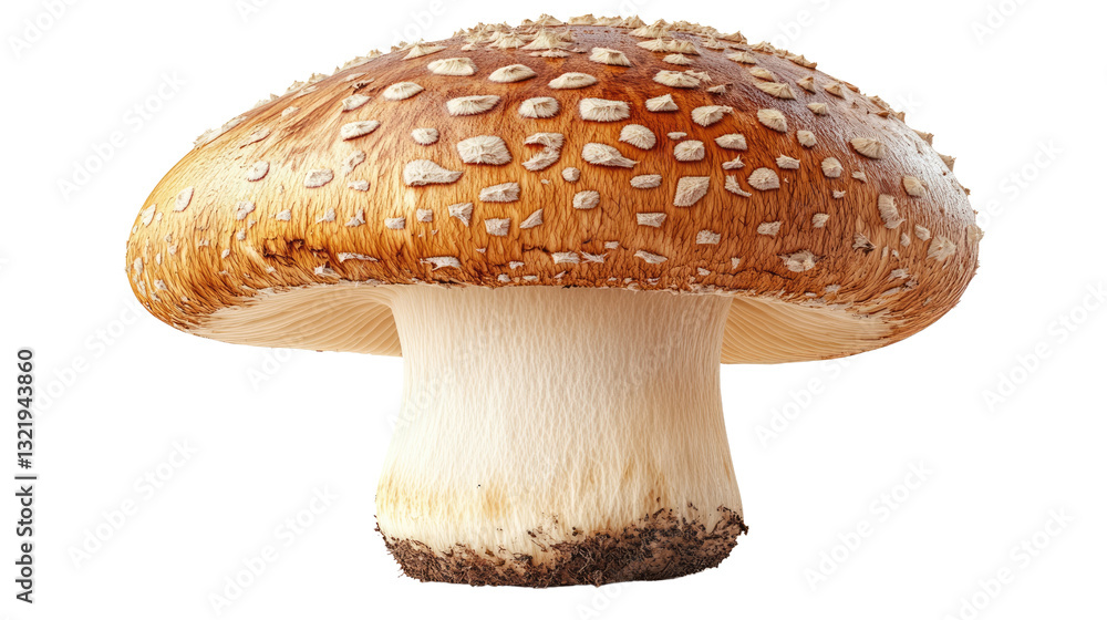Obraz premium Earthy Elegance: A single, perfectly formed mushroom stands in isolation, its cap a rich brown adorned with delicate white spots, promising both visual intrigue and a sense of the wild