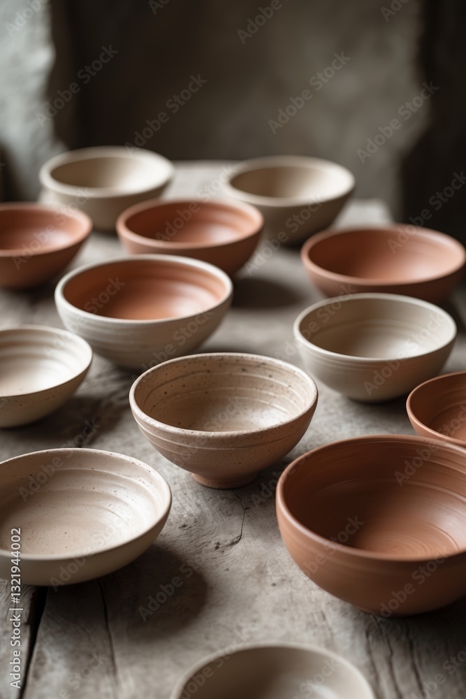 Unique handmade pottery bowls arranged on a rustic wooden table in a serene artisan workshop