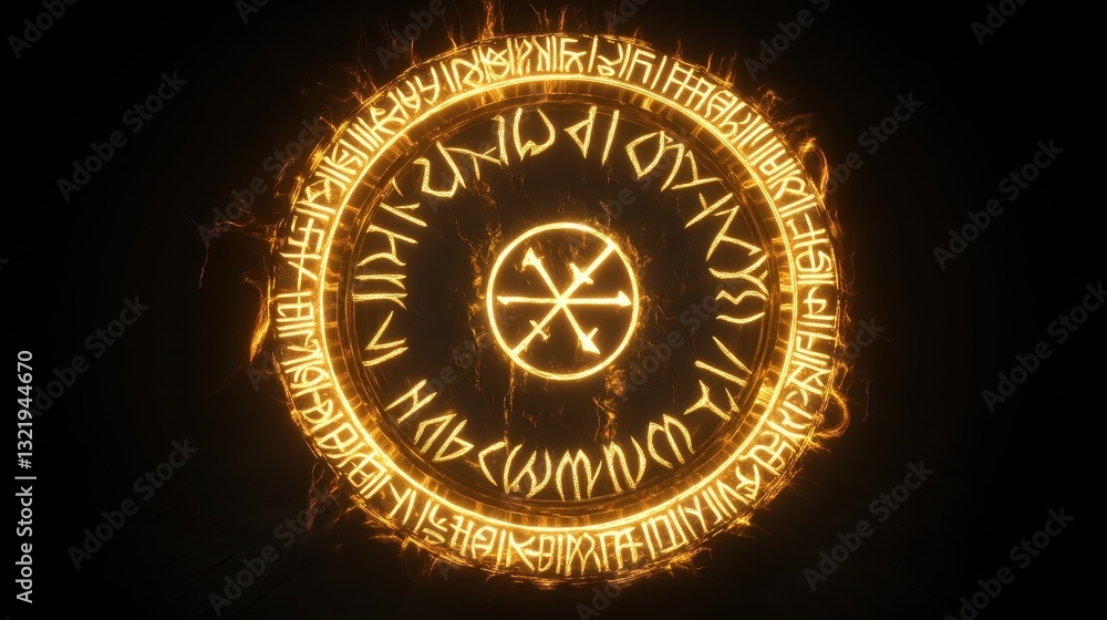 A glowing golden magical circle surrounded by mysterious inscriptions A glowing golden magical circle surrounded by mysterious inscriptions