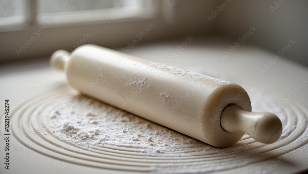Fototapeta premium Homemade dough preparation with a rolling pin on a clean countertop in a cozy kitchen