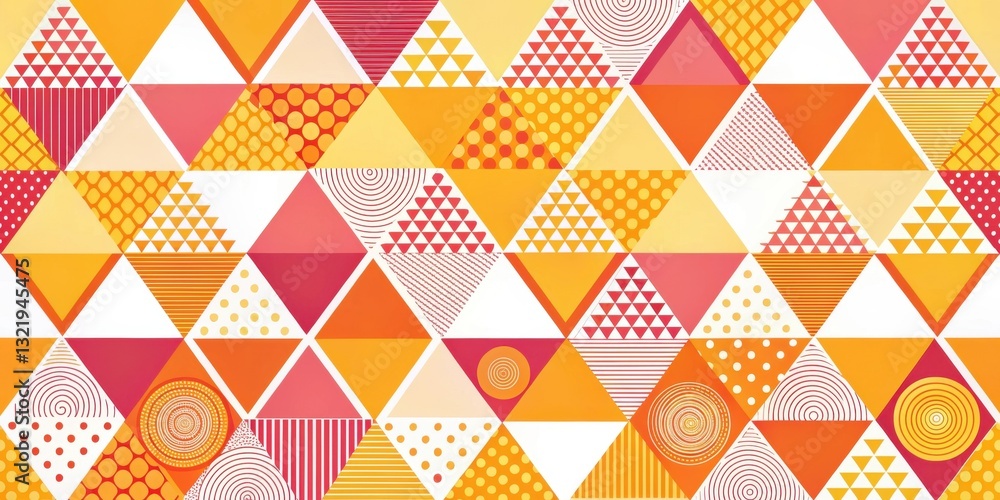 Geometric abstract wallpaper with triangles and circles in bright orange, yellow and pink colors against a white background, interior design elements , office decor Geometric abstract wallpaper with triangles and circles in bright orange, yellow and pink colors against a white background, interior design elements , office decor