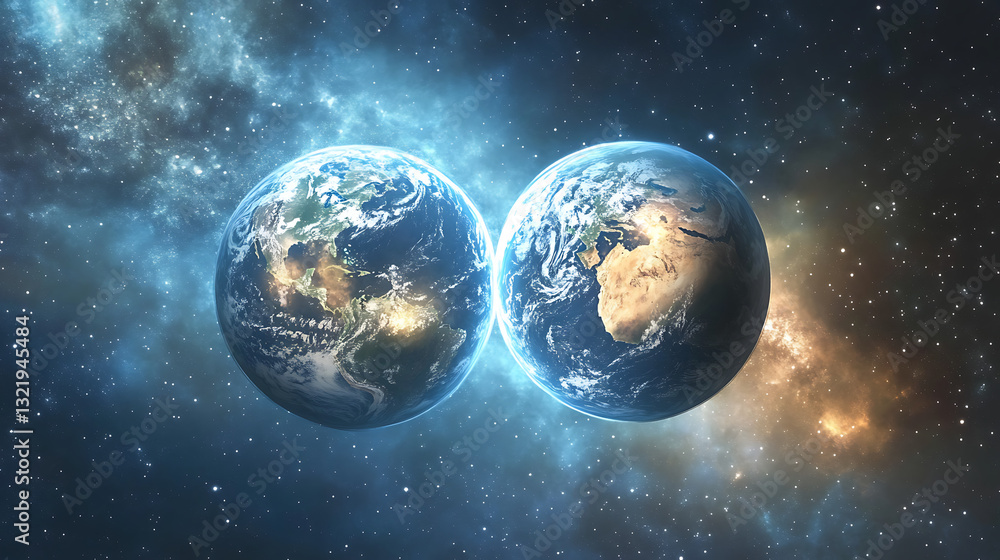 Obraz premium Realistic close-up animation of the twin paradox experiment, showing one twin traveling at near-light speed while the other remains on Earth, with age difference highlighted 