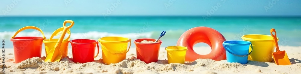 Assortment of sand buckets, shovels, and floaties on display at beach, floaties, kids, shovels Assortment of sand buckets, shovels, and floaties on display at beach, floaties, kids, shovels