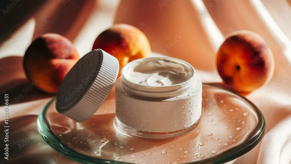 Pastel cream jar mockup with natural peaches. Harmonious choice for catalog covers, marketing materials, labels. Pastel cream jar mockup with natural peaches. Harmonious choice for catalog covers, marketing materials, labels.