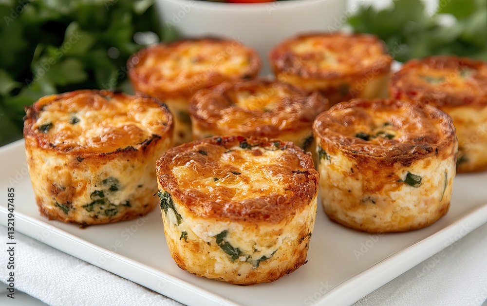 Delicious baked egg muffins arranged neatly on a white plate. Delicious baked egg muffins arranged neatly on a white plate.