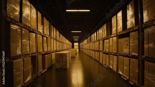 Wallpaper Mural Vast Warehouse Aisle Filled with Stacked Cardboard Boxes at Night Torontodigital.ca