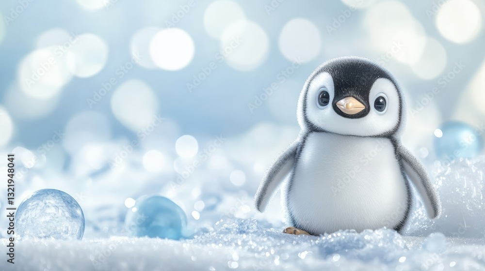 Fototapeta premium A cute cartoon penguin stands on snow with soft bokeh background