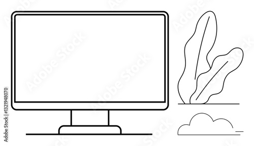Computer monitor on a clean workspace paired with simplistic plant and cloud decor. Ideal for technology, workplace organization, digital art, remote work, minimalism, creativity, flat simple