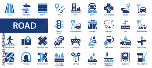 Road flat icons set. Highway, street, way, GPS, traffic, drive, directions, crosswalk icons and more signs. Flat icon collection.