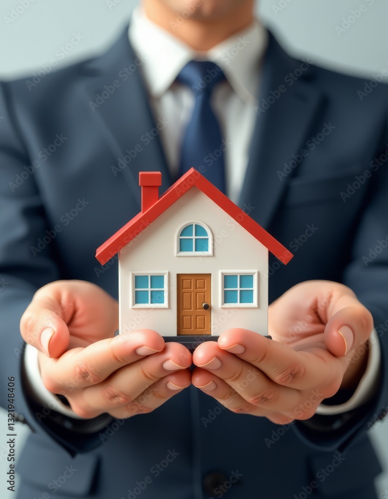 Close up hands of a male insurance agent holding a small house model in one hand and the other hand protectively over the top of the model, home insurance concept. taxes, debt, real estate. money, deb Close up hands of a male insurance agent holding a small house model in one hand and the other hand protectively over the top of the model, home insurance concept. taxes, debt, real estate. money, deb