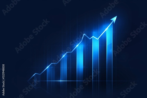 Blue growth graph business chart data diagram on success financial presentation background with abstract up arrow bar symbol