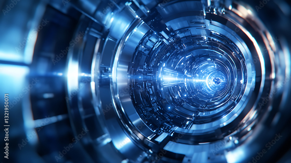 Obraz premium Realistic close-up animation of muons created in the upper atmosphere, traveling longer distances due to relativistic time dilation, as seen in a scientific experiment setup 