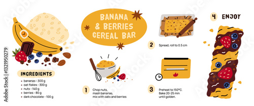 Muesli recipe. Banana homemade granola bar, sport cereal snack, berries, nuts, seeds and fruits, healthy product breakfast. Vegan dessert cartoon flat style isolated garish vector concept