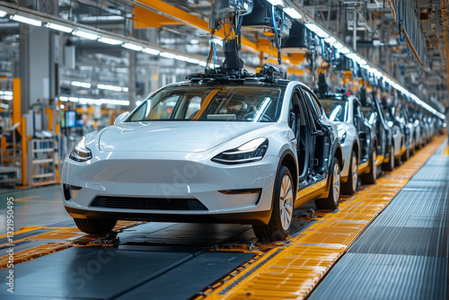 Modern car manufacturing assembly line with electric vehicles in production. high tech environment showcases advanced robotics and automation, emphasizing efficiency and innovation