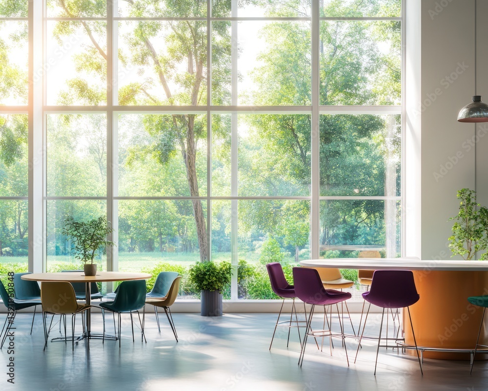 Fototapeta premium Modern office breakroom, sunlight, green view, tables, chairs, relaxation