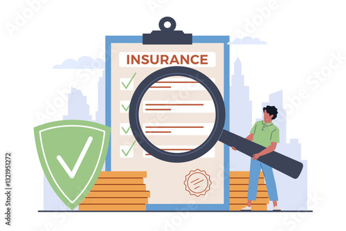 Man looking insurance clauses. Shield and checklist, man hold magnifier glass. Stack of golden coins. Document graduate. Finance and medical service cartoon flat isolated vector concept