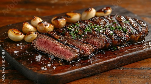 A mouthwatering New York strip steak, grilled to perfection, sliced and served on a charred wooden board. The dish includes roasted garlic bulbs, a drizzle of aged balsamic glaze,