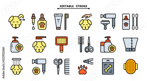 Pet grooming salon icons set. Editable stroke. Taking care of cats and dogs. Veterinarian services. Simple vector icons for ui and ux, website or mobile application