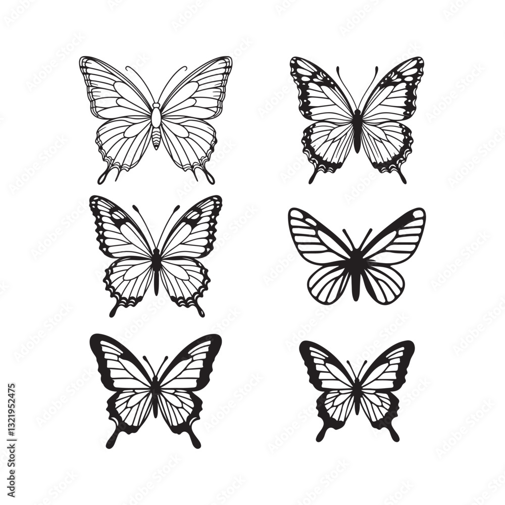 Obraz premium Butterfly outlines, simple sketch, minimalist drawing, black and white illustration