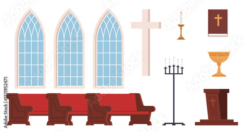 Furniture and religious accessories of Catholic Church. Glass windows, candles and holy book. Cross, golden cup, wooden bench. Traditional interior cartoon flat style isolated vector set