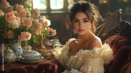 Elegant Lady in Vintage Attire, Amidst Roses and Fine China