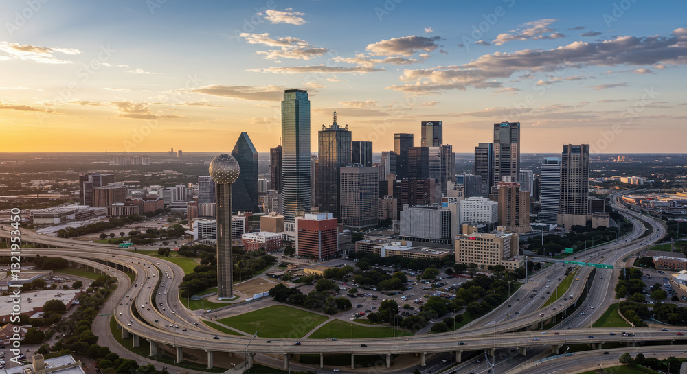 Obraz premium Dallas Skyline at Sunset: Cityscape View of Reunion Tower & Skyscrapers over Highways, Texas, USA. Urban Scenery & Travel Photography