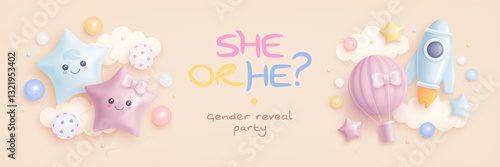 He or she. Boy or Girl. Set of cartoon gender reveal invitation, flyer or wallpaper design template. Horizontal banner with realistic toys and helium balloons. Vector illustration