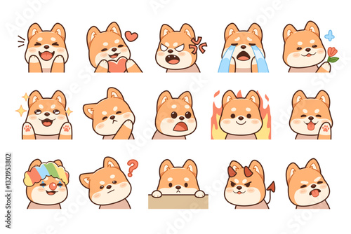 Cute shiba dog portraits. Funny emoji, different poses and emotions, kawaii dog characters, anime puppy, japanese breed, happy and sad, cartoon flat style isolated sticker tidy vector set