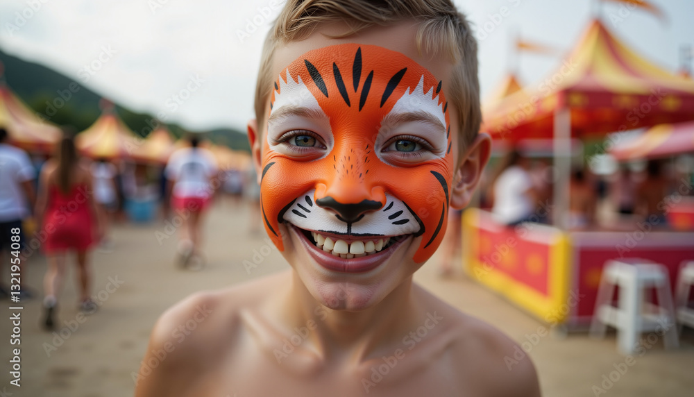 Smiling Boy with Tiger Face Paint at Festive Carnival with Bright Tents Background
Smiling Boy with Tiger Face Paint at Festive Carnival with Bright Tents Background
