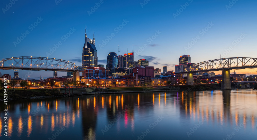 Naklejka premium Nashville Skyline at Dusk: River Reflections, City Lights, and Bridges of Tennessee.