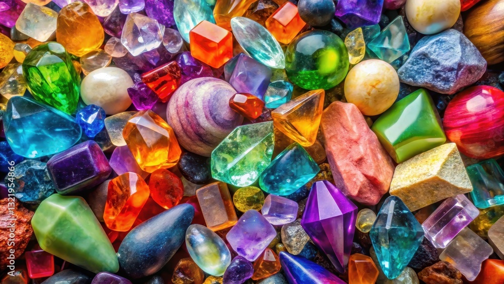Vibrant pile of gemstones and crystals arranged in precise symmetry, showcasing their unique colors and shapes , ornamental centerpiece, mineral collection Vibrant pile of gemstones and crystals arranged in precise symmetry, showcasing their unique colors and shapes , ornamental centerpiece, mineral collection