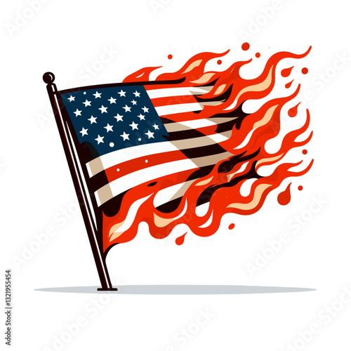 Burning American flag with flames vector illustration. Suitable for historical protest documentation, freedom of expression discussions, and controversial political imagery contexts.